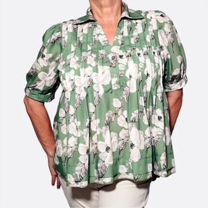 Sage Floral 90% Cotton Pleated Blouse V-Neck Short Sleeve Plus Size 1X XL Korea